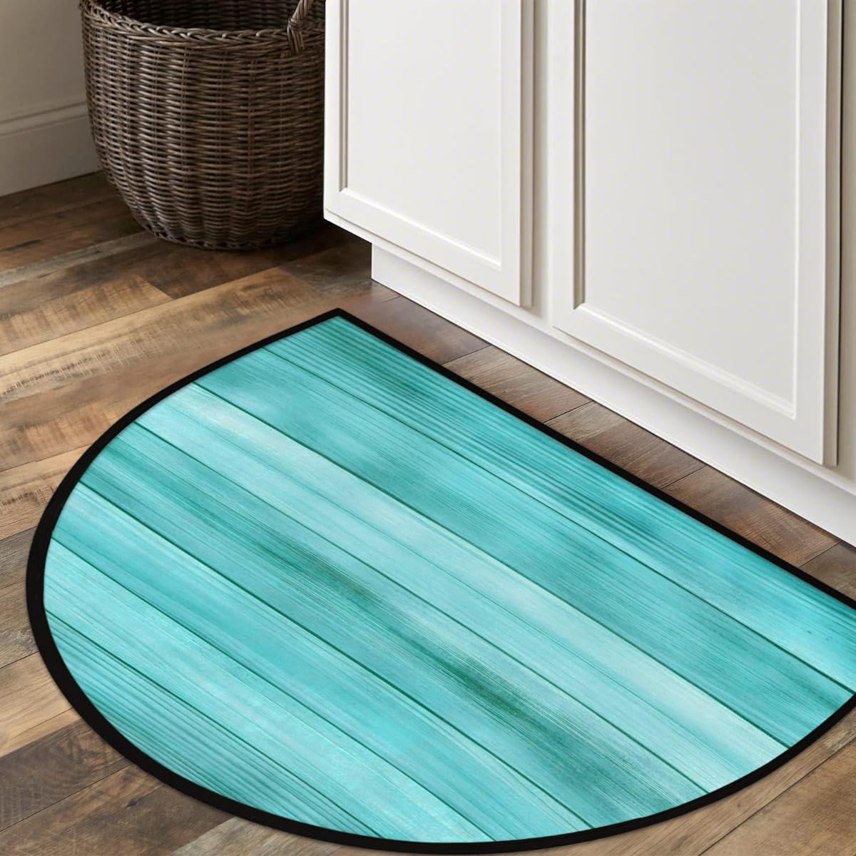 AUUXVA Half Round Door Mat Welcome Door Mats for Front Door Outdoor Indoor Entrance Half Circle Floor Mat for Home Kitchen Patio 36" x 24" (Turquoise Wooden)