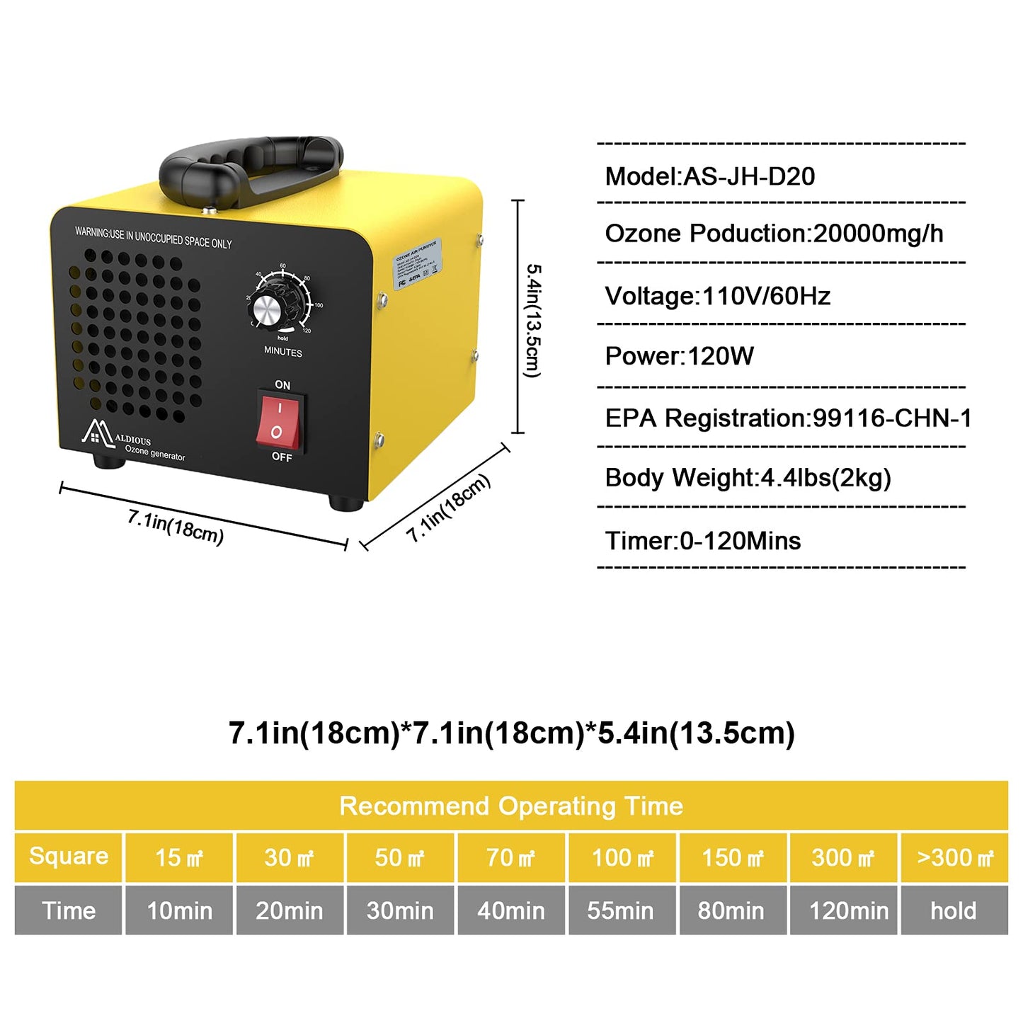 ALDIOUS High Capacity Industrial Ozone Generator - 20,000mg/h, Commercial Ozone Machine for Rooms, Smoke, Cars, and Pets