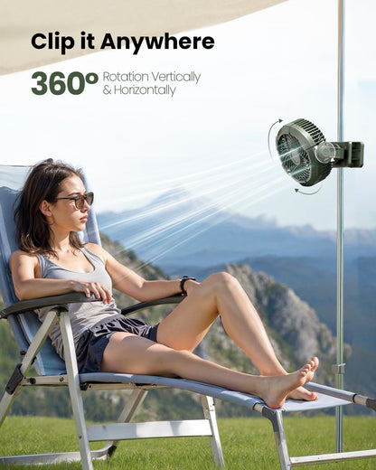 Gaiatop Portable Camping Fan with LED Lantern, 360°Rotation and Clip on for Desk, 4000mAh USB Rechargeable Battery Powered, Digital Display and Hanging Hook for Tent Outdoor Travel Bedroom Green
