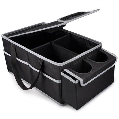 GUWINA Car Backseat Organiser, Multi Compartment Foldable Seat Organiser for Car Boot Front and Back Seats, with Lids and Straps Best for Clothes, Toys, Office Products (Black)