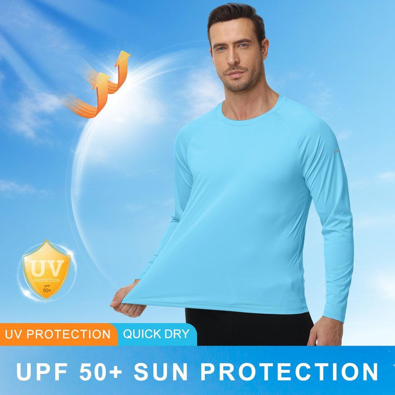 Men's Long Sleeve Rash Guard Swim Shirts UPF 50+ Sun Protection Dry Fit T-Shirt Athletic Tops for Running Hiking Fishing Sky Blue L
