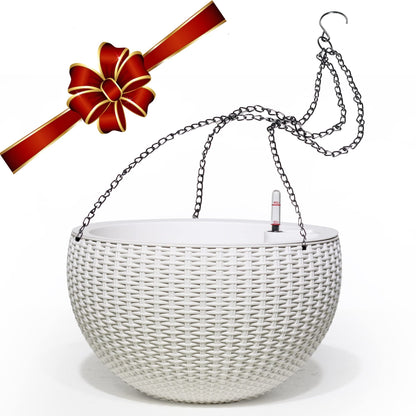 Dexceder 13.5 Inch Large Self Watering Hanging Planters Indoor Outdoor, Thickened Hanging Basket Flower Plant Pot with Water Level Indicator (White)