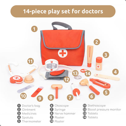 UMU® Mini Wooden Doctor Kit for Kids – 14-Piece Pretend Play Medical Set with Stethoscope, Blood Pressure Monitor & More – Toy Doctor Case for Children Age 3 4 5
