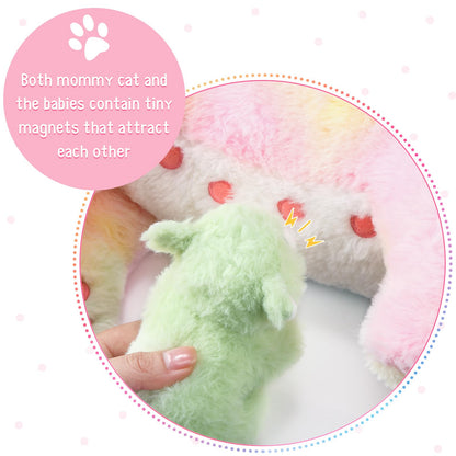 Skylety Nurturing Cat Stuffed Animal with 4 Plush Kittens, Cat Baby Stuffed for Girls Boys Plushy Mommy Kitty with Baby Kittens for Christmas Birthday Party Favors Gifts(LED Style)