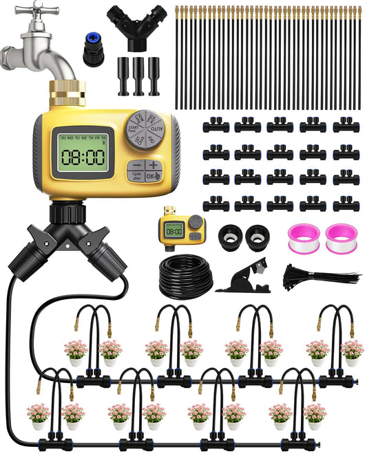66FT Drip Irrigation System with Timer, Automatic Watering System Kit with Solid Brass Metal Connectors, 360° Dual‑Outlet Adjustable Nozzles for Garden, Yard, Lawn, Greenhouse & Potted Plants
