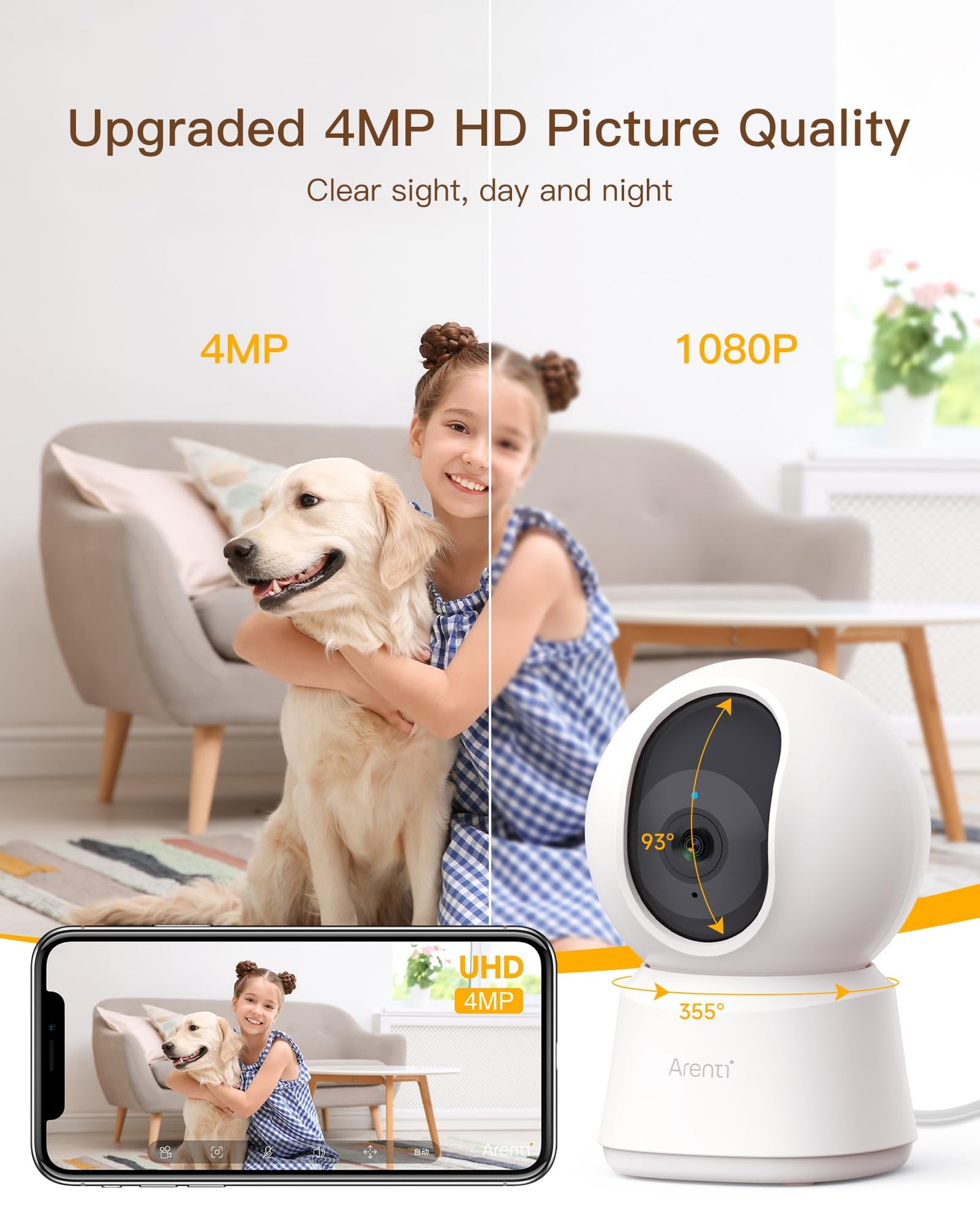 ARENTI 5G Security Camera Indoor, 4MP Pet Camera with Speaker for Dog/Cat, Baby Monitor with Phone App, Dual-Band WiFi, Auto Tracking, Super Night Vision, 2-Way Talk, Cloud & SD Card Storage