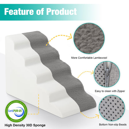 Uross Dog Stairs for Small Dogs- Dog Steps Stairs Ramps for High Bed Couch, High Density Foam Pet Steps Stairs for Dogs to Get on Bed, 5 Tiers Cat Doggy Steps Ramps for Joint Pain Dog(Gray)