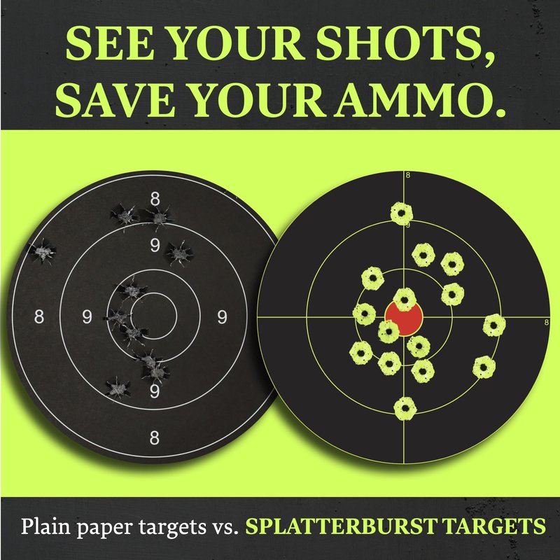 Splatterburst Targets - 12 x12 inch (5) Bullseye Splatter Target - Easily See Your Shots Burst Bright Fluorescent Yellow Upon Impact - Made in USA (10 Pack)