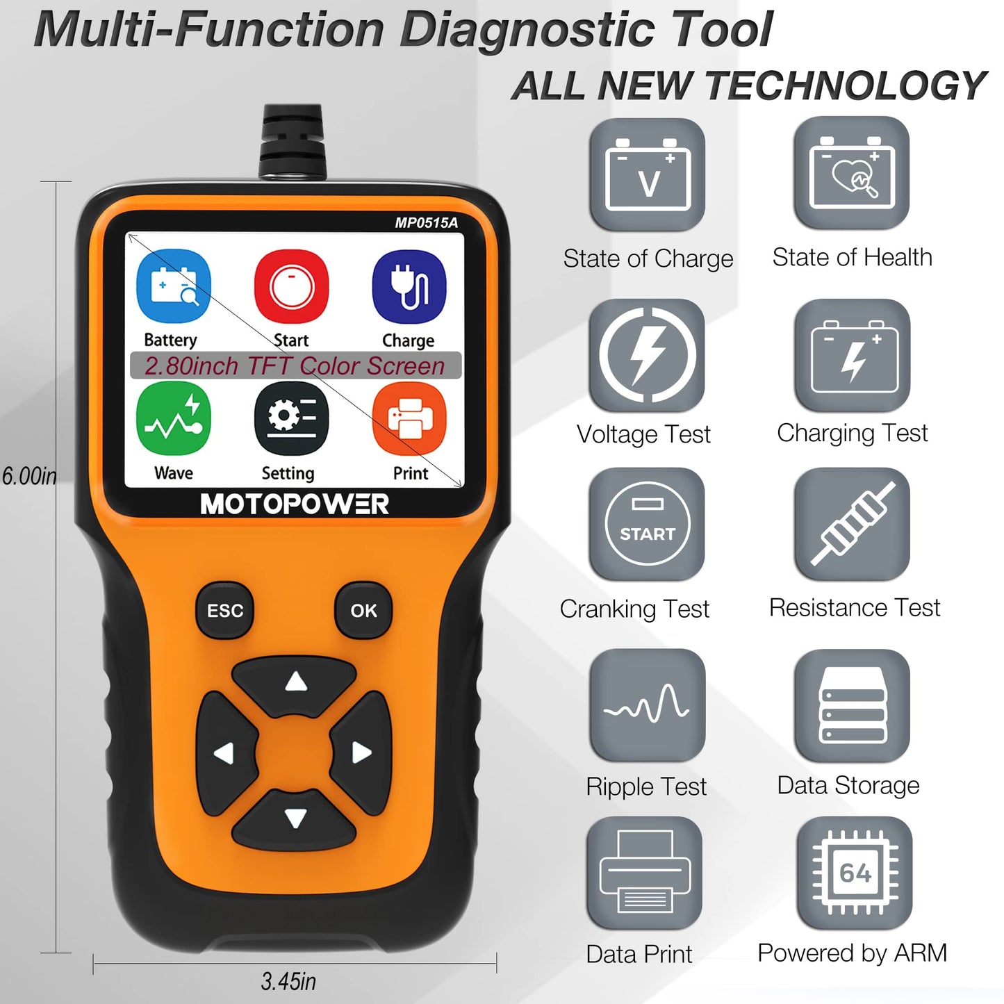 MOTOPOWER MP0515A 12V Car Battery Tester Automotive 100-2000 CCA Battery Load Tester Auto Cranking and Charging System Tester