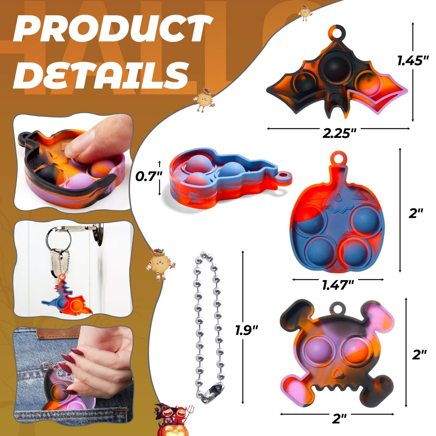 TOANWOD 24PCS Halloween Party Favors Mini Fidget Pop Keychain: Halloween Toys Bulk Cheap - Trick or Treat Toys Non Candy - Goody Bag Stuffers for Kids Classroom School Prizes (24Keychains + 24Cards)