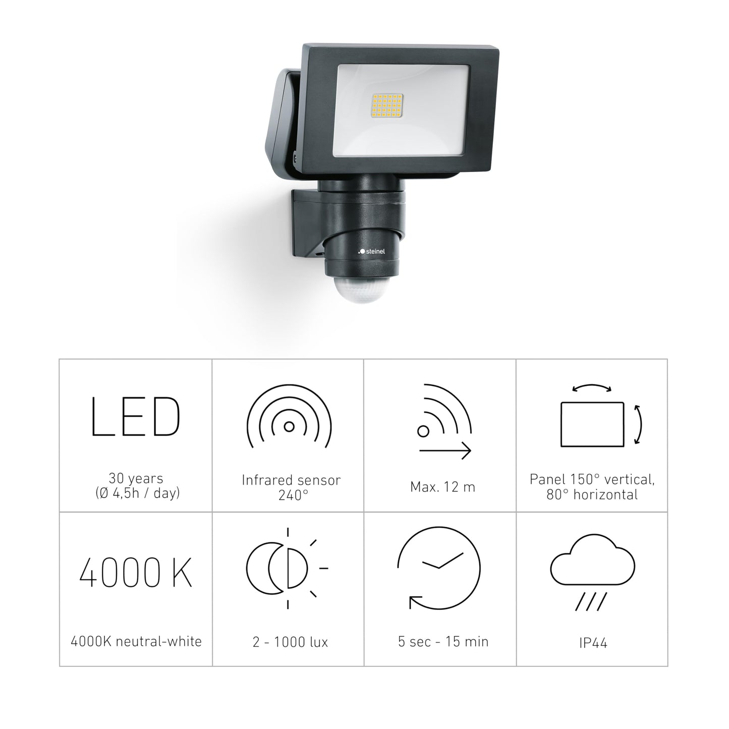Steinel LED Outdoor Spotlight LS 150 S Black, 240° Motion Sensor Light, max. 12 m Range, 14.7 W, 4000 K, 1375 Lumen