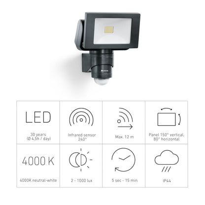 Steinel LED Outdoor Spotlight LS 150 S Black, 240° Motion Sensor Light, max. 12 m Range, 14.7 W, 4000 K, 1375 Lumen