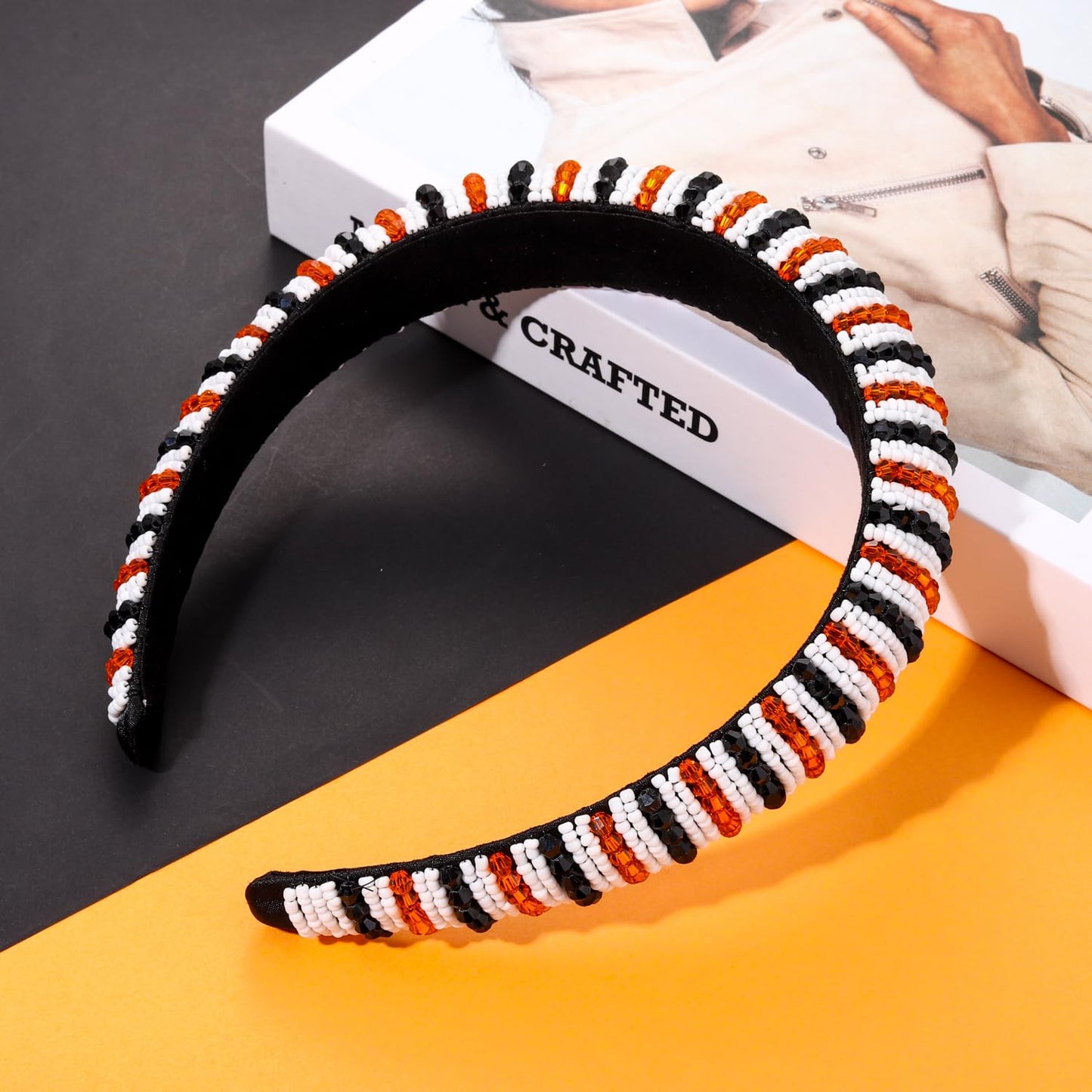NVENF Halloween Headband Crystal Rhinestone Headbands for Women Orange Black Beads Embellished Padded Hairband Wide Bejewelled Headband Spooky Hair Accessory Gifts (Halloween)