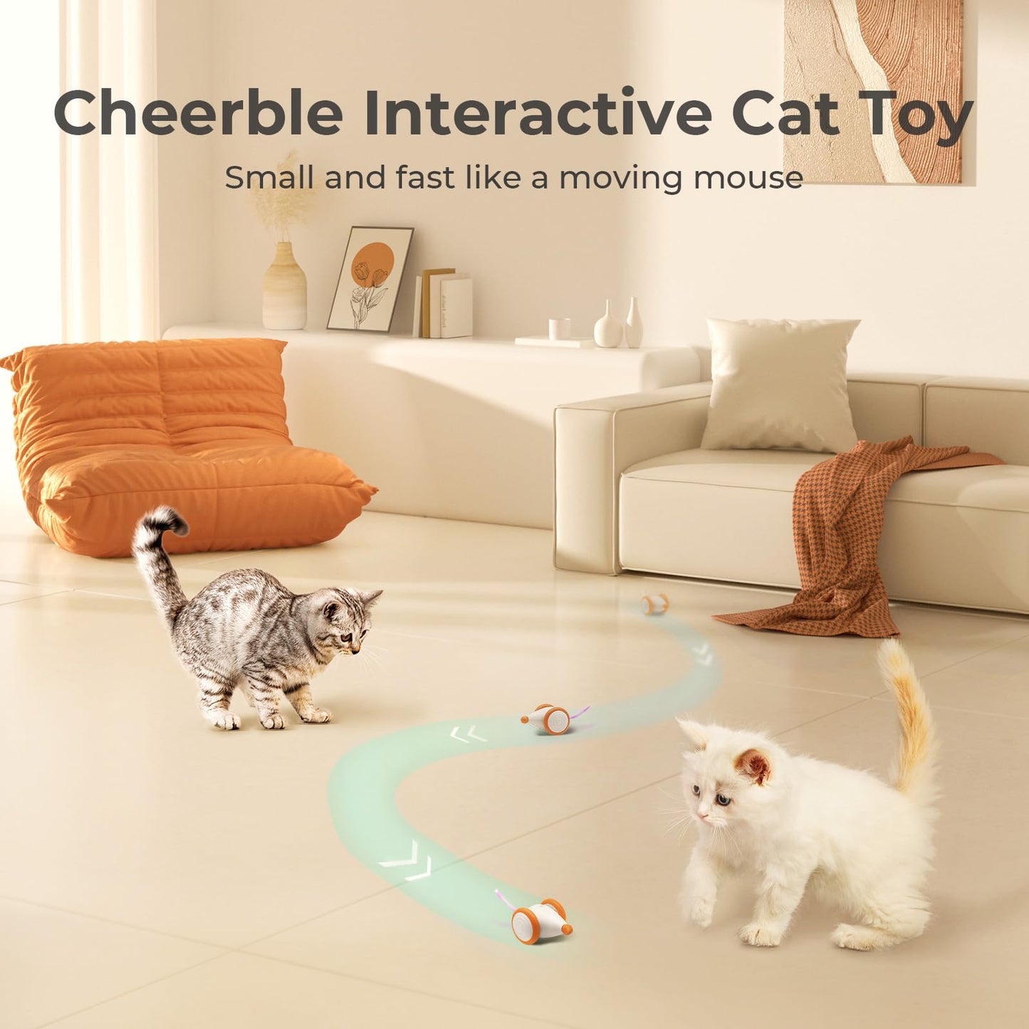 Cheerble Interactive Cat Toys for Indoor Cats, Automatic Cat Toy with LED Lights, Wicked Mouse Toys, Kitten Toys, Pet Supplies, Smart Electric Cat Toy, USB Rechargeable, Auto On/Off(Yellow)