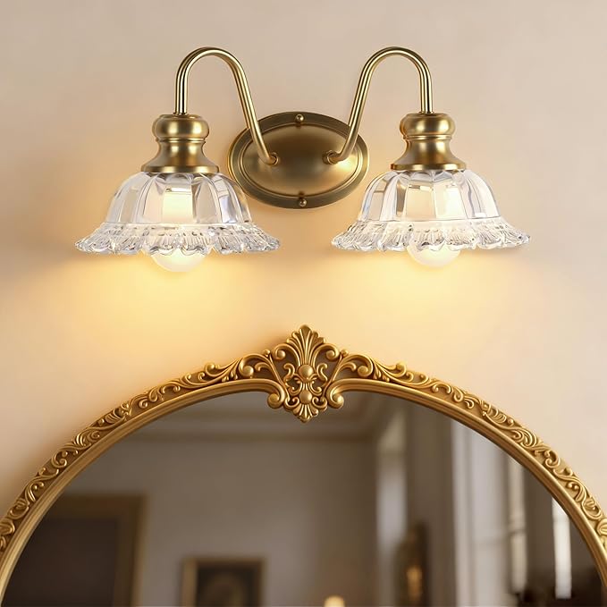 2-Lights Bathroom Vanity Light Gold Vintage Light Fixtures Matte Antique Flower Floral Brass Crystal Glass Shade Wall Sconces Lighting for Living Room, Bedroom, Hallway（E26 Base）