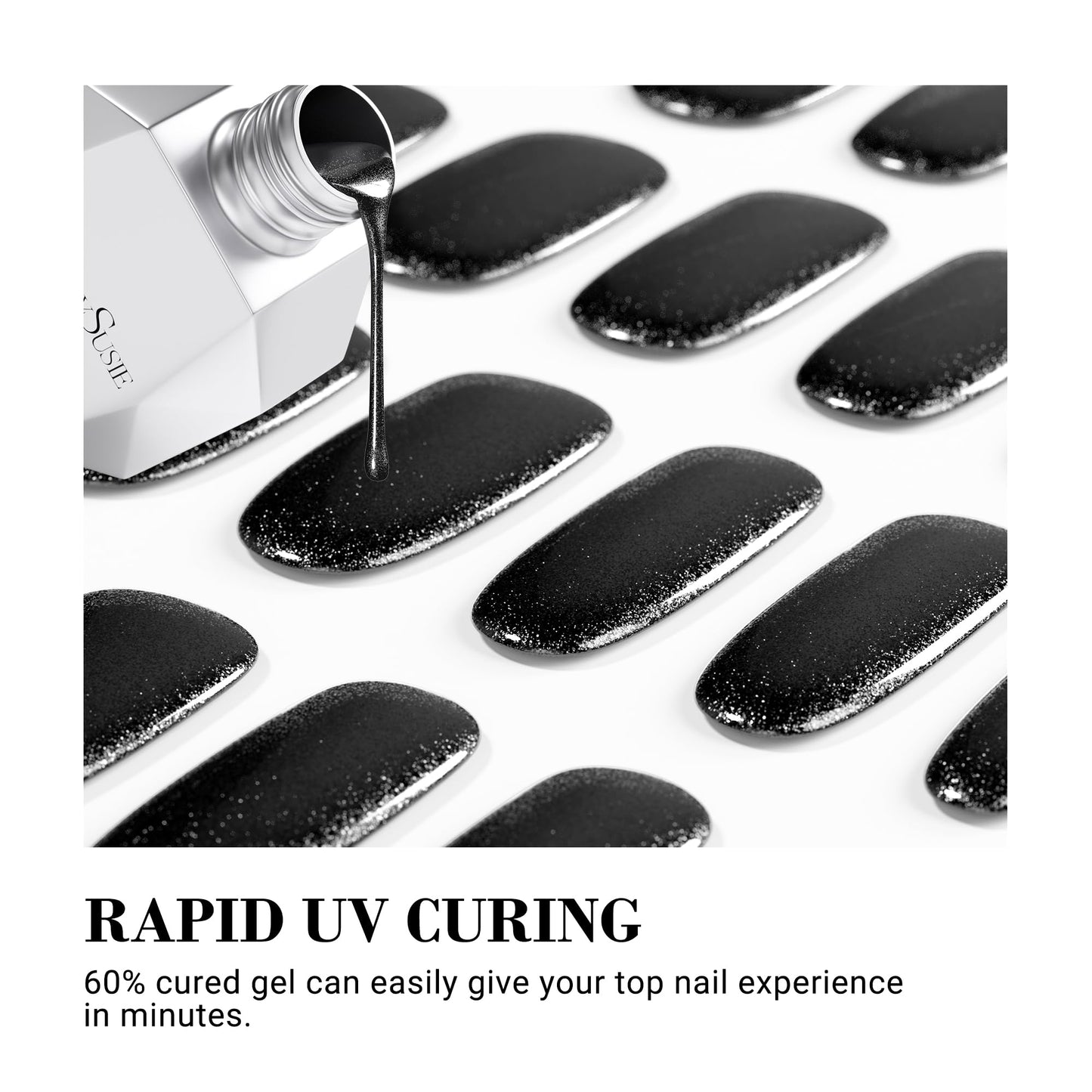 MelodySusie 30PCS Semi Cured Gel Nail Strips (Black Glitter), Works with Any Nail Lamps, Salon Quality, Long Lasting, Easy to Apply and Remove, Includes 2 Prep Pads, Nail File and Wooden Stick