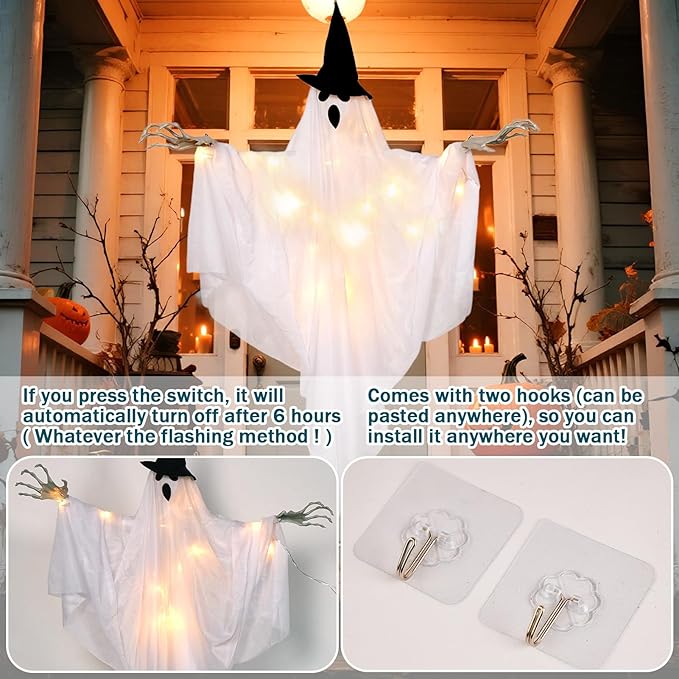 SUNBEAUTY Halloween Decorations Outdoor, Halloweens Party Decoration Indoor, Spooky Ghost with Remote Control String Lights, Halloween-Ghost Lights for Porches Yards Gardens Lawn