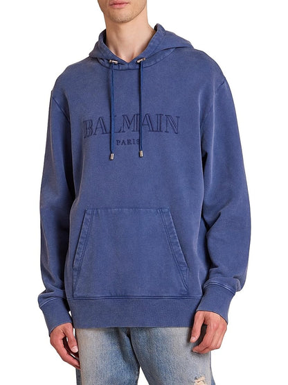 Balmain, Embroidered Logo Cotton Hoodie, Medium, Blueblue