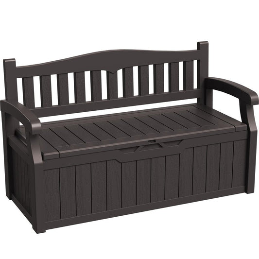 Greesum 80 Gallon Storage Bench Outdoor Deck Box with Armrest, Patio Furniture,Lockable, Waterproof and UV Resistant, Suitable for Garden, Pool, Brown