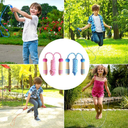 2 Pcs Jumping Rope for Kids, Lorvain Adjustable Skipping Ropes with Wooden Handle Cotton Braided for Boys Girls Jumping Ropes, for Children Students Outdoor Exercise (Blue+Pink)