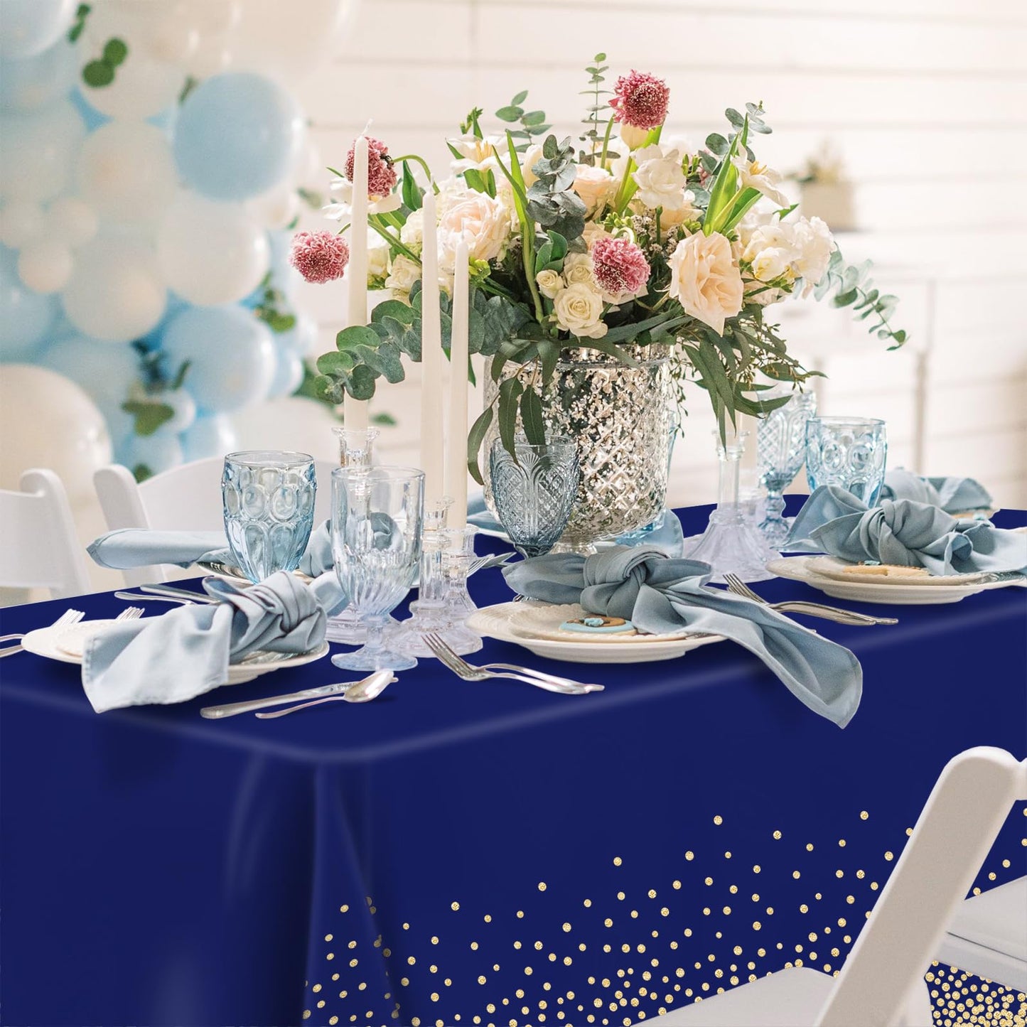 2 Pcs Navy Blue and Gold Plastic Tablecloth for Rectangle Table, 54 × 108 inches Disposable Gold Dot Dark Blue Party Table Covers for Anniversary, Wedding, Fine Dining, Graduation Party Decoration