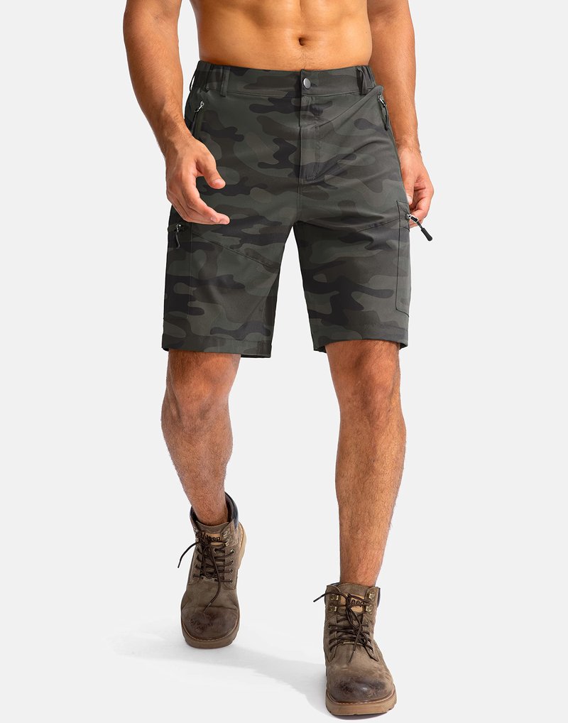 Pudolla Men's Hiking Cargo Shorts 9" Lightweight Outdoor Work Shorts for Men Travel Golf Camping Casual with 5 Zipper Pockets(Green Camo Medium)
