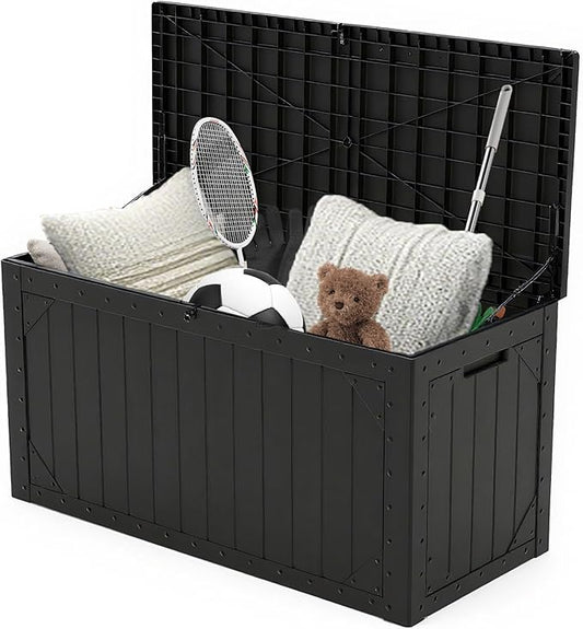 Outdoor Storage Box, 100 Gallon Deck Box Outdoor Storage Bench Outside Waterproof Resin Storage Bench, Lockable Patio Cushions, Garden Tools Storage For Furniture, UV Resistant(Black)