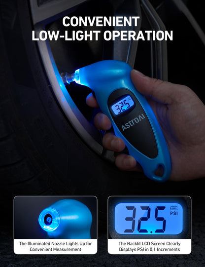 AstroAI Digital Tire Pressure Gauge 0-150PSI, Accurate in 0.1 Increments, Tire Pressure Gauge with Backlit LCD and Presta Valve Adaptor, 4 Units of Measurement for Car Truck Bicycle, Blue