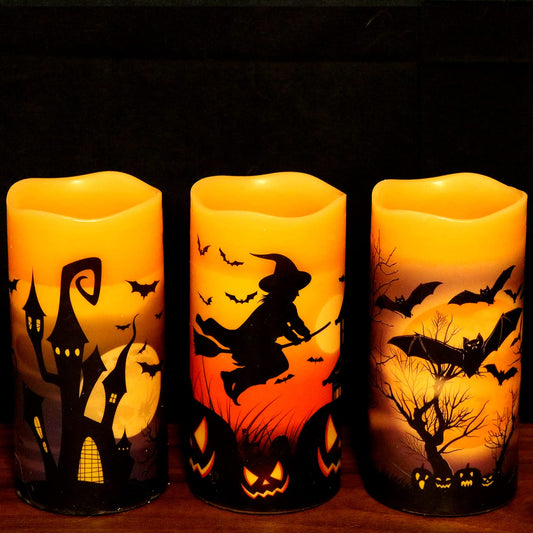 DRomance Flameless Candles Battery Operated with 6 Hour Timer, Halloween Decals Real Wax LED Flickering Pillar Candles Set of 3 Indoor Halloween Window Table Decor(3 x 6 Inches)
