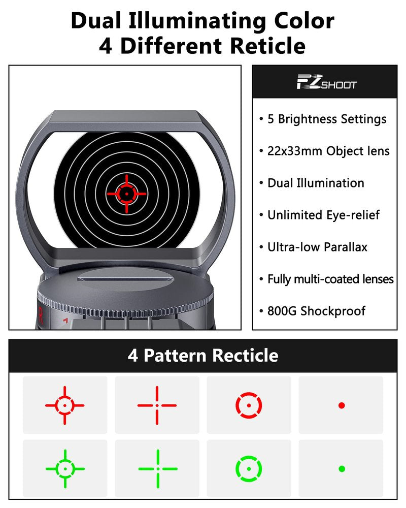 EZshoot Red Green Dot Gun Sight Scope Reflex Sight, 4 Adjustable Reticles Holographic Optic Grey with 20mm Rail Mount