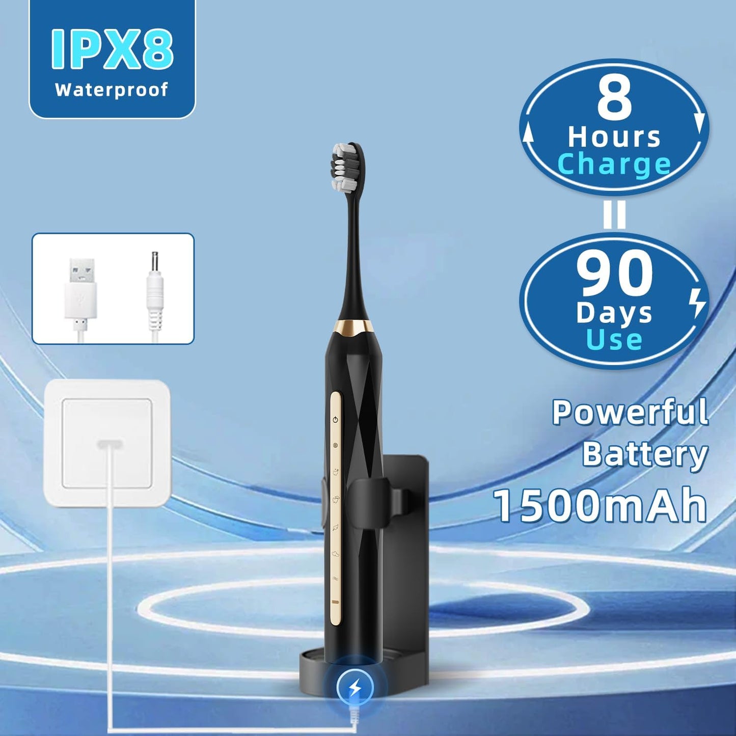 Adult Sonic Electric Toothbrush, USB Rechargeable Sonic Toothbrush, with 12 Brush Heads, 5 Modes, Equipped with Cleaning Brush, Brushing and Washing Two in one
