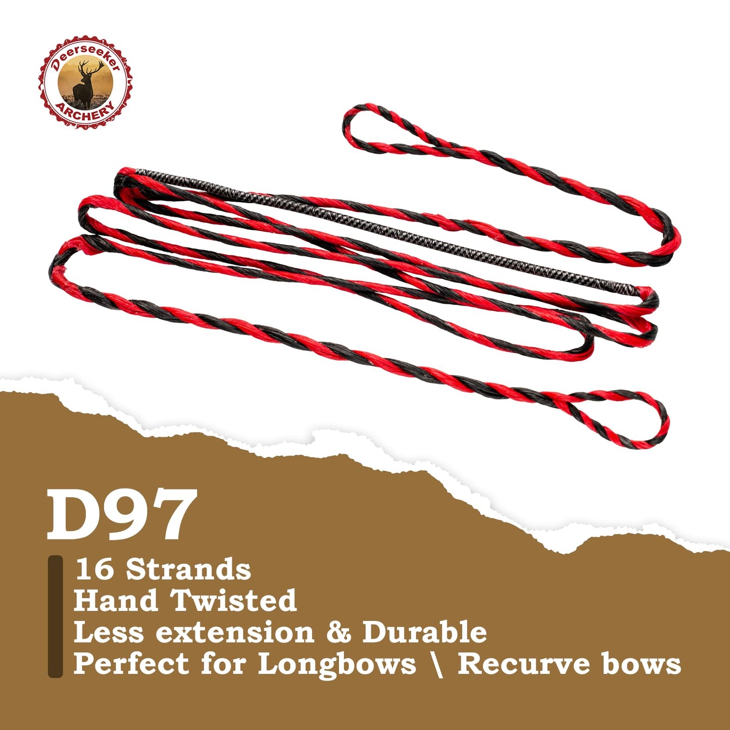 Deerseeker Flemish D97 Bow String Handmade Twist Bowstring 16 Strands 54-70in Fast Flight for Traditional Longbow Recurve Bow Replacement Archery Accessories (Gray+Black, AMO 56"(Actual Length 52"))