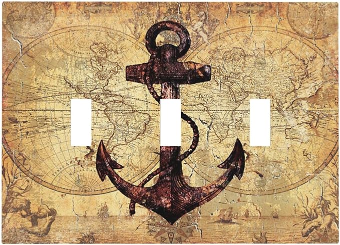 Anchor Nautical Vintage Map 3 Gang Light Switch Covers Triple Toggle Wall Plate Decorative Switchplate Electrical Faceplate for Office Livingroom Home Decor