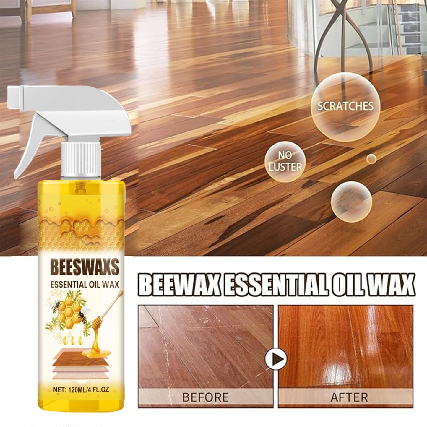 Quatrel Wood Polish Spray,Essential Oil Wax,Polish And Cleaner,Natural Wood Polish Spray For Living Rooms,Kitchens,Wood Furniture Floors (2PCS)