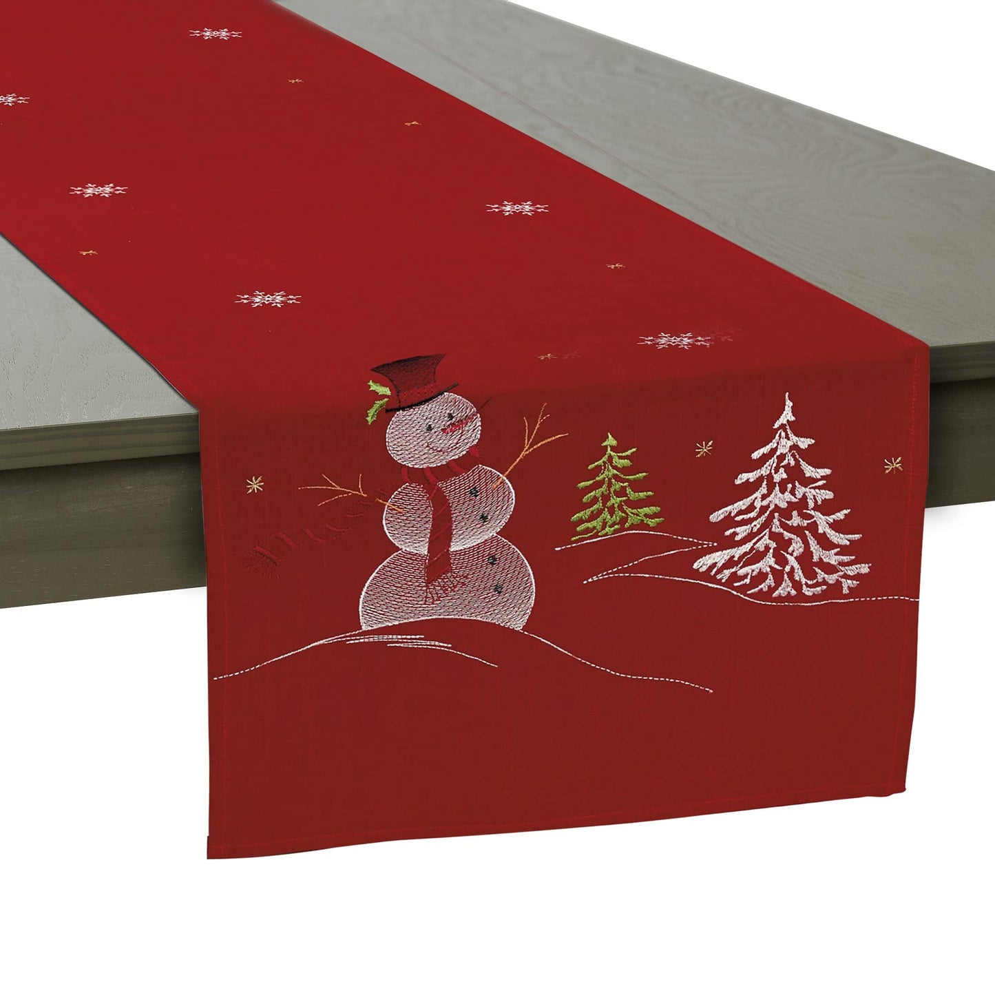 DII Embroidered Holiday Table Décor Collection Christmas Kitchen, Snowman Table Runner, 14x70, Red