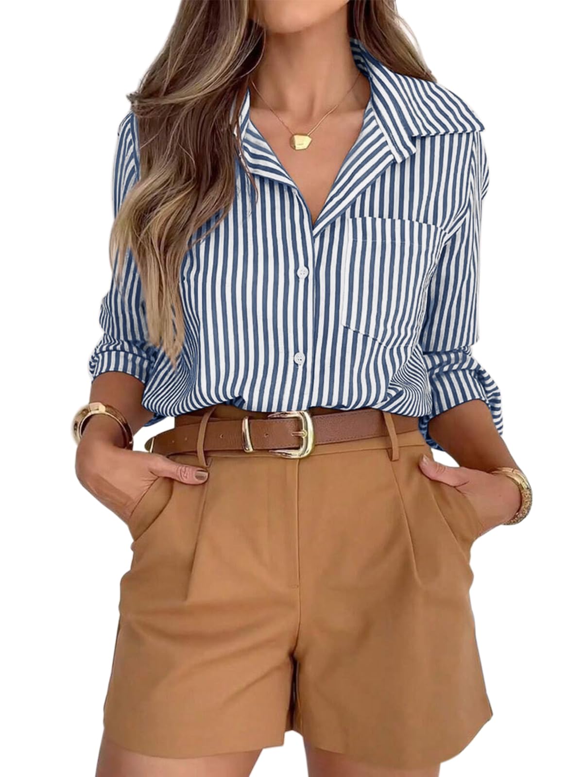 siliteelon Striped Button Down Shirts for Women Dress Shirts Long Sleeve Casual Collared Office Work Shirt with Pocket