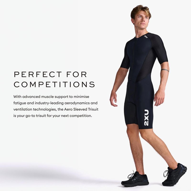 2XU Men's Trisuit Aero Sleeved Front Zip - Performance Triathlon Suit for Muscle Support