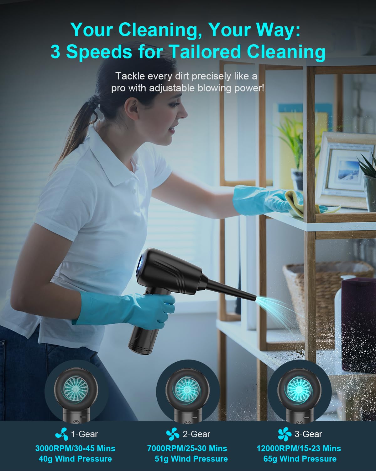 BANKKY 11-in-1 Compressed Air Duster, 3-Gear Adjustable 120000 RPM Electric Air Duster with LED Light, Reusable no Canned Keyboard Cleaner for Office, 9000mAh Cordless Air Duster for Computer/Car