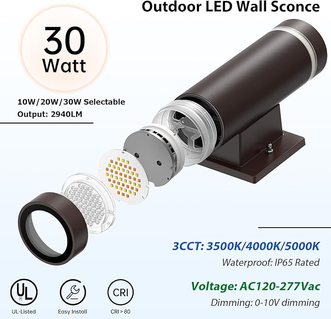 dephen Outdoor Up Down Wall Light, Dusk to Dawn LED Exterior Sconces Light 3000K/4000K/5000K /10W/20W/30W Adjustable, Brown Aluminum Modern Cylinder Porch Lights (UL-Listed)