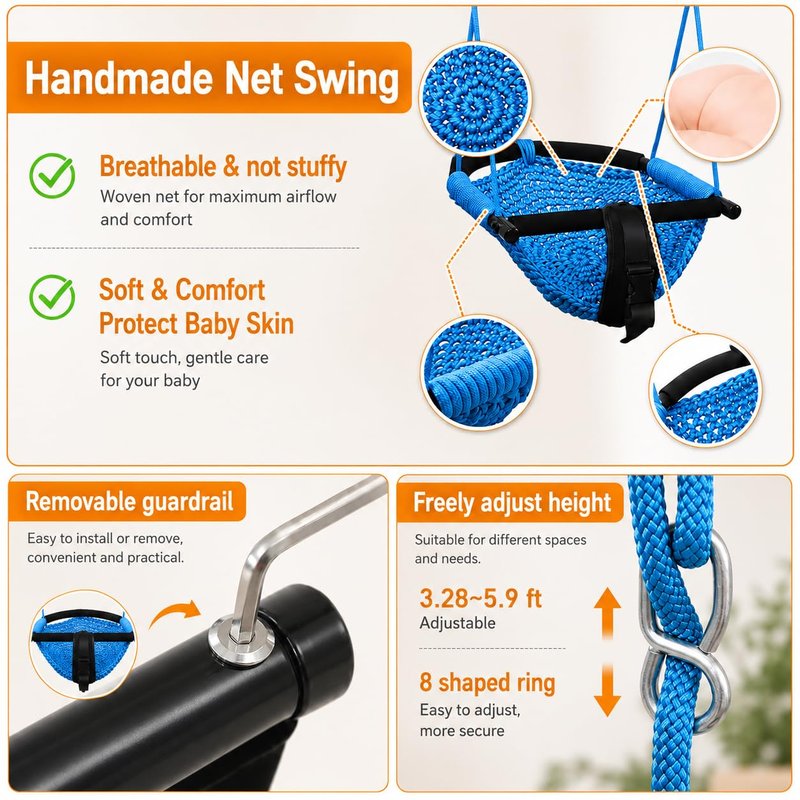 Kids Swing Seats Indoor Hand-Made Net Swing with Adjustable Rope Tree Swings for Kid Child Backyard Playground Swings Outside Indoor