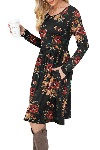 DB MOON Women Casual Long Sleeve Dresses Empire Waist Loose Dress with Pockets (Brown Floral Black, S)