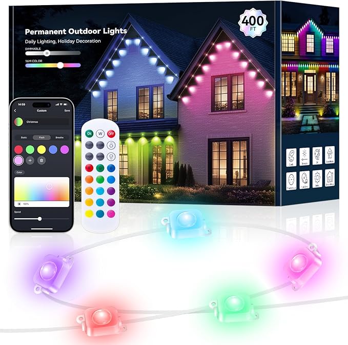 Permanent Outdoor Lights for House -Eaves Lights 400FT with 200 IC+RGBCW LED IP67 Waterproof, Smart Outside LED Christmas Light with App/Remote, Eternity Lighting for Holiday/Daily