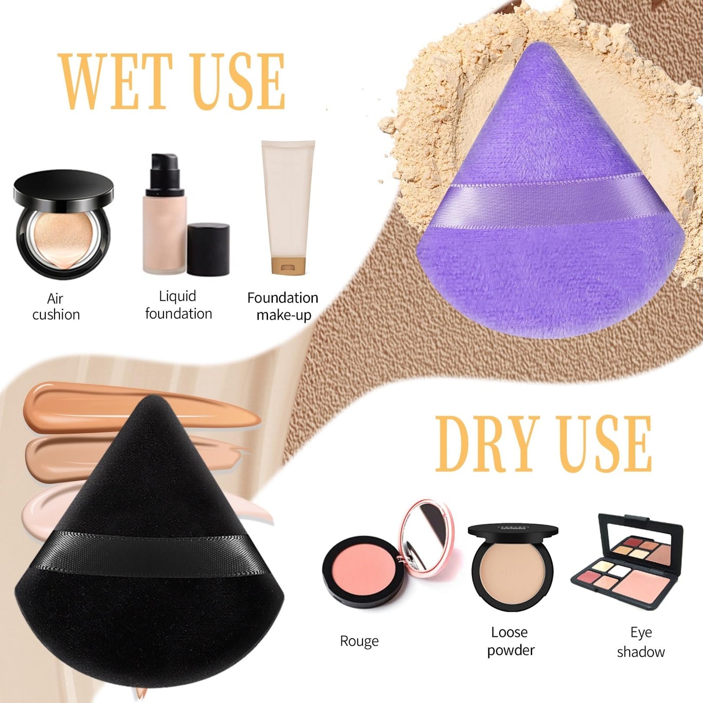 Pimoys 6 Pieces Powder Puff Face Makeup Sponge Soft Velour Triangle Powder Puffs Beauty Sponge Stocking Stuffers for Loose Powder (Black, Pink)