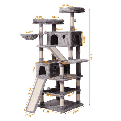 JISSBON Cat Tree Tower 178cm, Multi-Level Cat Scratching Post with Condos, Ladders, Basket, Hammock & Plush Perches for Kittens, Large Cats, Light Grey