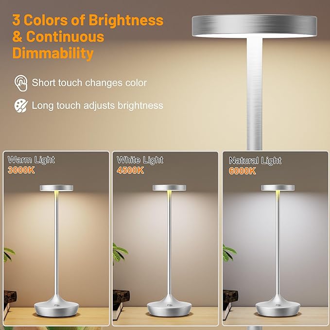 Cordless Table Lamp Rechargeable - 6000mAh LED Battery Operated Table Light - Portable Touch Dimmable Outdoor Waterproof Table Lamps for Patio Bar Restaurant Dining (2 Silver)
