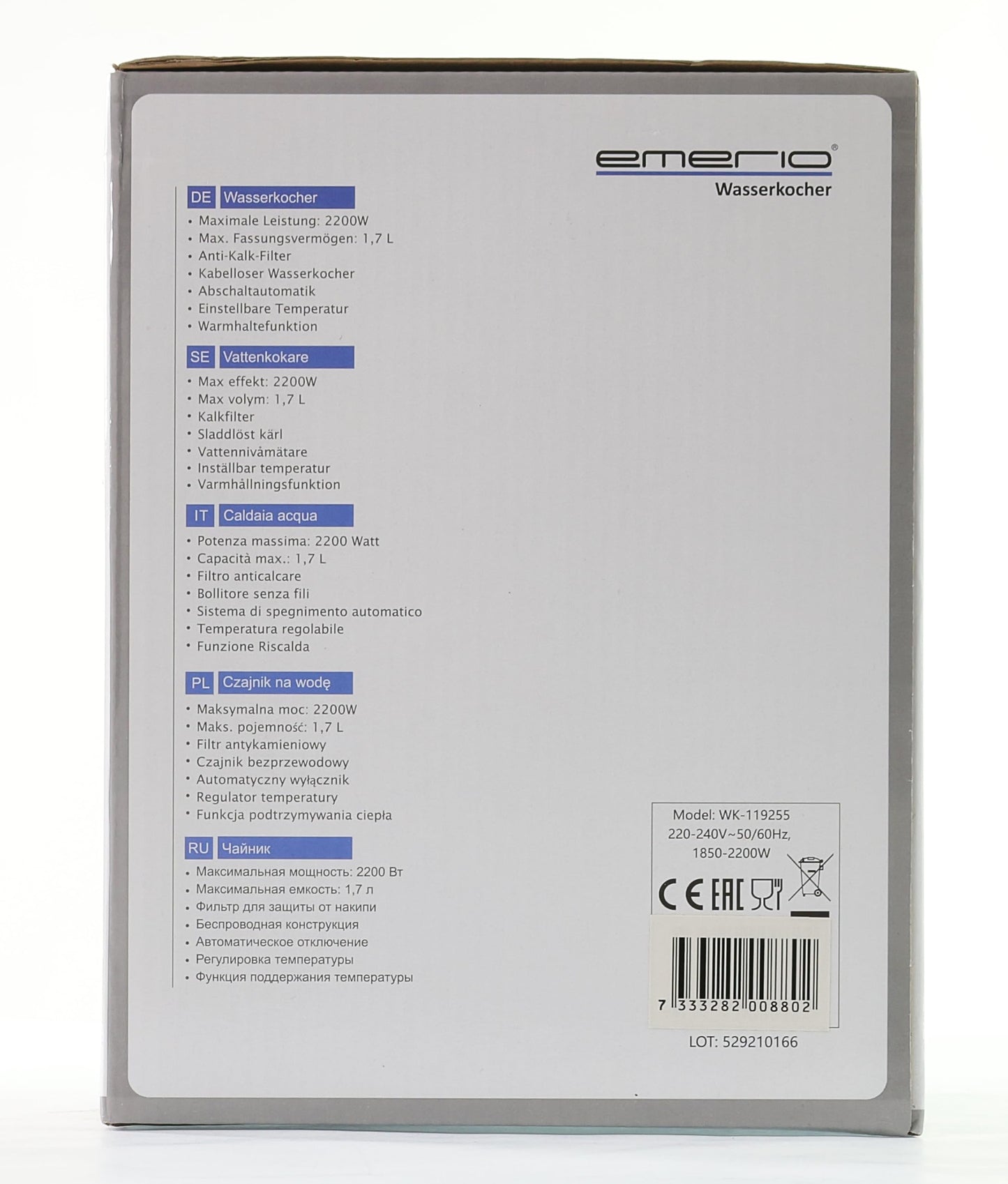 Emerio WK-119255 Electric Kettle Glass, 2200 W, 1.7 liters, Stainless Steel, Transparent Black [Energy Efficiency Class A+]