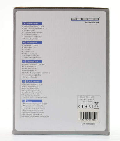 Emerio WK-119255 Electric Kettle Glass, 2200 W, 1.7 liters, Stainless Steel, Transparent Black [Energy Efficiency Class A+]