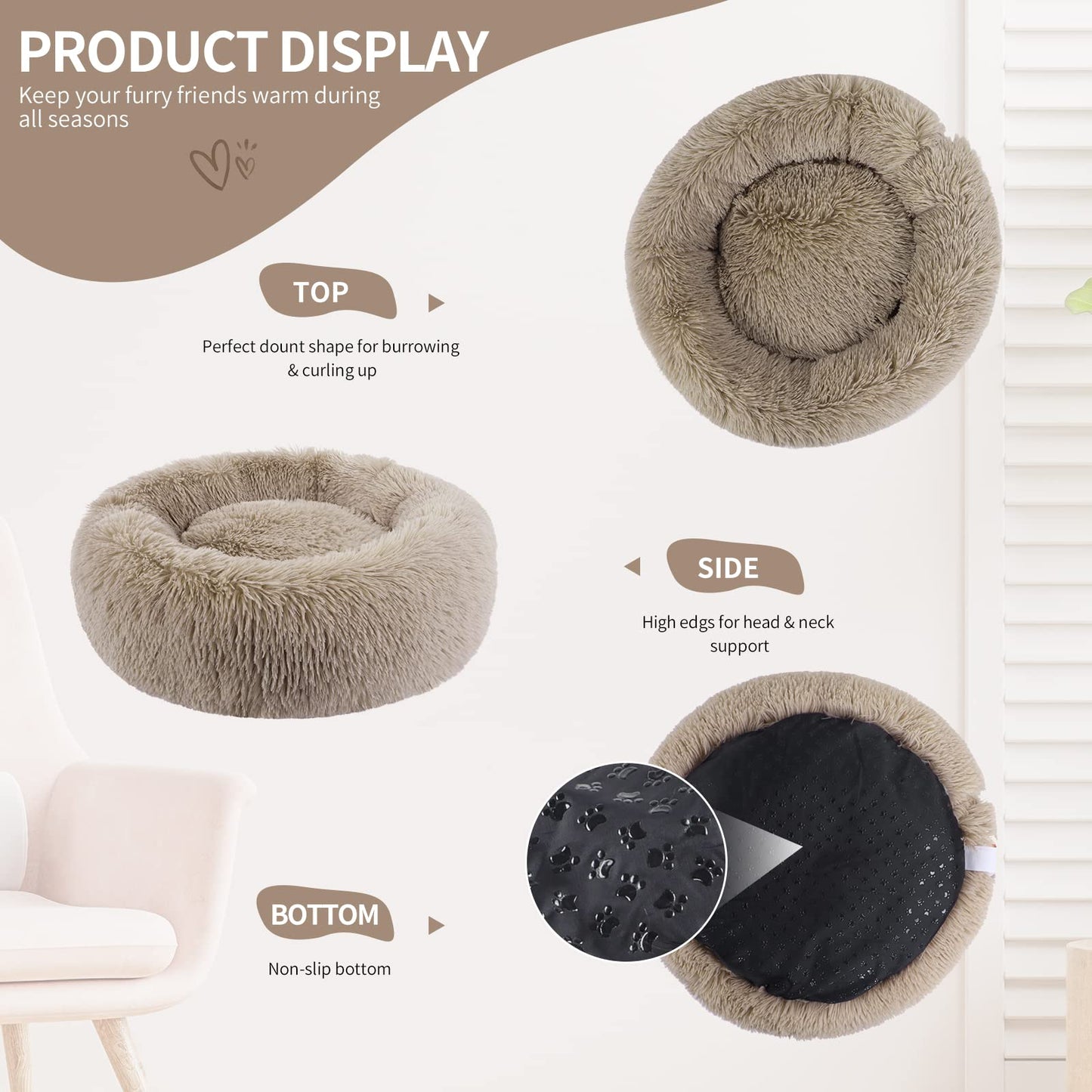 BVAGSS Anxiety Dog Bed, Round Plush Donut Dog Bed Cat Bed Marshmallow Fluffy Cuddler Washable Calming Puppy Bed for Small/Medium Dogs XH034 (Diameter:50cm, Light Brown)