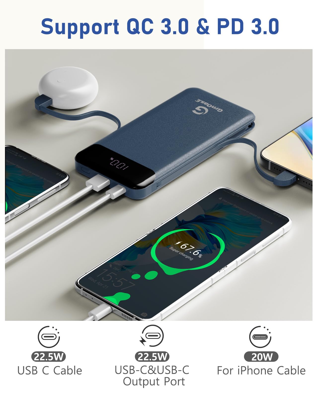 Portable Charger 20000mAh，22.5W Fast Charging Power Bank, Cell Phone Replacement Battery with 5 Output 2 Input for iPhone 16/15 Plus/15 Pro Pro Max,Samsung Galaxy,and More(1 Pack,Pearl Black)