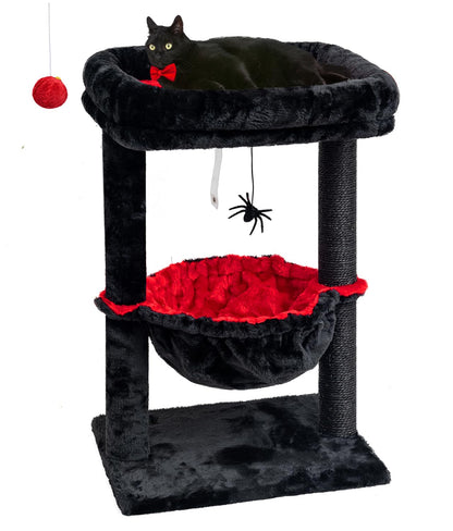 SYANDLVY Gothic Cat Tree with Coffin Bed for Indoor Cats, Activity Cat Tower with Scratching Post for Kittens, Cat Condo Furniture with Basket & Spider Hanging Ball for Play Rest